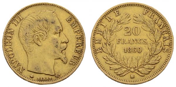 ab 1800 Frankreich Napoleon III. 1852-1870 20 FF 1860 Strassburg  Fried. 574 Gad. 1061 6.41 g. ss