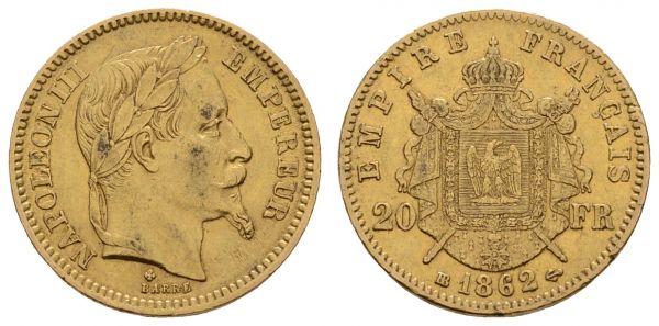 ab 1800 Frankreich Napoleon III. 1852-1870 20 FF 1862 Strassburg  Fried. 585 Gad. 1062 6.41 g. ss