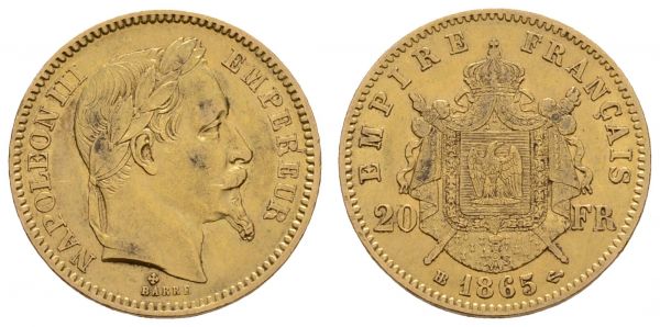 ab 1800 Frankreich Napoleon III. 1852-1870 20 FF 1865 Strassburg  Fried. 585 Gad. 1062 6.41 g. ss