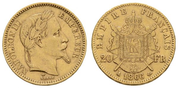 ab 1800 Frankreich Napoleon III. 1852-1870 20 FF 1866 A Paris  KM 801.1 ss