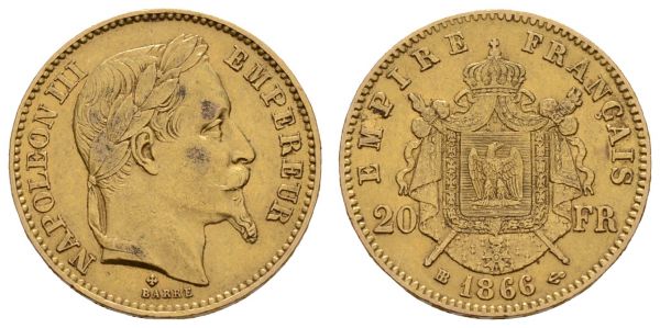 ab 1800 Frankreich Napoleon III. 1852-1870 20 FF 1866 Strassburg  Fried. 585 Gad. 1062 6.40 g. ss