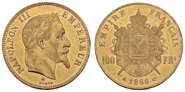 ab 1800 Frankreich Napoleon III. 1852-1870 100 FF 1866 A Auflage nur 9041 Exemplare  KM 802.1 32.19 g. vz