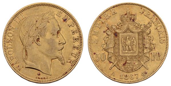 ab 1800 Frankreich Napoleon III. 1852-1870 50 FF 1867 A Paris Auflage nur 2000 Exemplare  KM 804.1 16.05 g. selten ss+