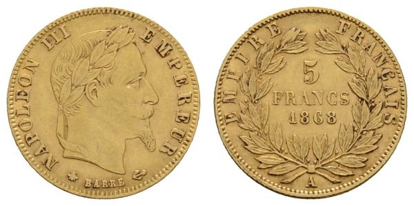 ab 1800 Frankreich Napoleon III. 1852-1870 5 FF 1868 Paris  KM 803.1 Fried. 588 Gad. 1002 1.61 g. ss-vz