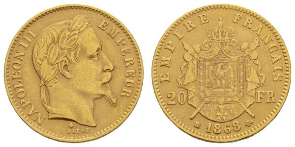 ab 1800 Frankreich Napoleon III. 1852-1870 20 Francs 1868 BB Strasbourg  KM 801.2 ss