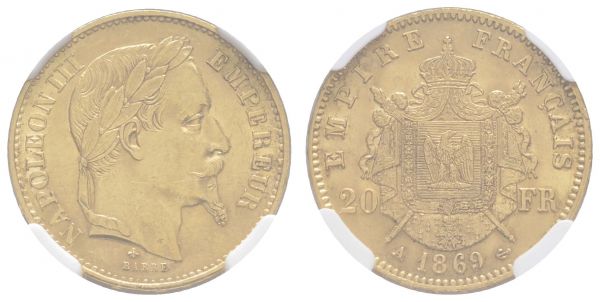 ab 1800 Frankreich Napoleon III., 1852-1870 20 FF 1869 Paris im NGC-Slab UNC Details, Kratzer  Fried. 584