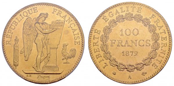 ab 1800 Frankreich 3. Republik 1870-1940 100 FF 1879 A im Slab von PCGS MS62  Fried. 590 Gadoury 1137