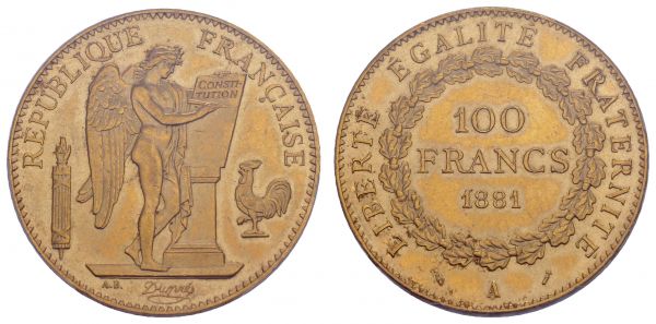 ab 1800 Frankreich 3. Republik 1870-1940 100 FF 1881 A PCGS MS64+  KM 832