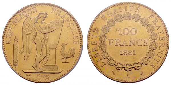 ab 1800 Frankreich 3. Republik 1870-1940 100 FF 1881 A im Slab von PCGS AU55  KM 832