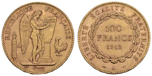 ab 1800 Frankreich 3. Republik 1870-1940 100 FF 1912 A  KM 858 32.25 g. ss-vz