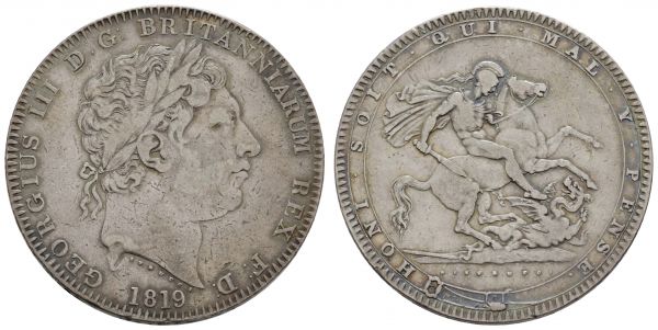 ab 1800 Großbritannien George III., 1760-1820 Crown 1819 dazu Crowns 1895, 1902 und 1935 sowie 2x 5 Shilling 1951  Dav. 103 etc. Seaby 3787 etc. 27.98 g. ss