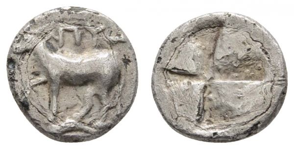 Griechen Thracia Byzantion AR 1/4 Siglos ca. 416-357 v.u.Z. Av.: stehender Stier, Rv.: Quadrum Incusum  SNG Cop. 480 1.54 g. selten ss