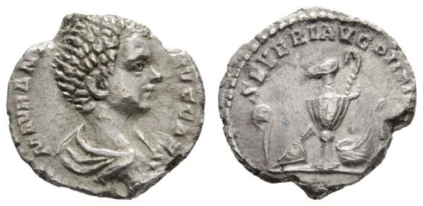 Römer Kaiserzeit Antoninus III. Caracalla, 198-217 AR Denar 196-198 Rom als Caesar, Av.: Büste, Rv.: Priestergeräte, Schrötlingsfehler  RIC 4 2.66 g. ss+