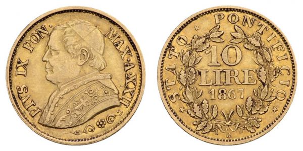 ab 1800 Italien-Kirchenstaat Pius IX. 1846-1878 10 Lire 1867, XXIV Rom  Fried. 281 Pagani 542 ss+