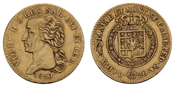 ab 1800 Italien-Sardinien Vittorio Emanuele I. 1802-1821 20 Lire 1820 Schrötlingsfehler, seltenes Jahr  KM 114 6.40 g. ss+