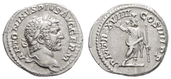 Römer Kaiserzeit Antoninus III. Caracalla, 198-217 AR Denar 216 Rom Rv. stehender Serapis  RIC 280c 3.54 g. selten in dieser Erhaltung vz