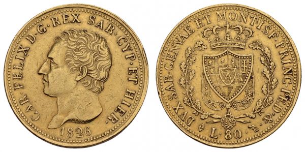 ab 1800 Italien-Sardinien Carlo Felici, 1821-1831 80 Lire 1826 kl. Rs., Adler  KM 123.1 25.74 g. ss