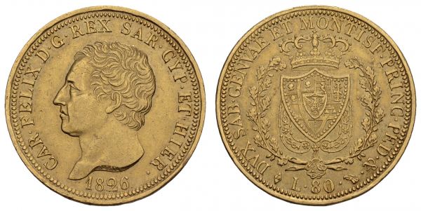 ab 1800 Italien-Sardinien Carlo Felici, 1821-1831 80 Lire 1826 Turin  KM 123.1 Pag. 27 Mont. 7 Fried. 1132 ss-vz