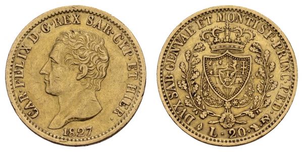 ab 1800 Italien-Sardinien Carlo Felici, 1821-1831 20 Lire 1827 Turin  KM 118.1 ss+