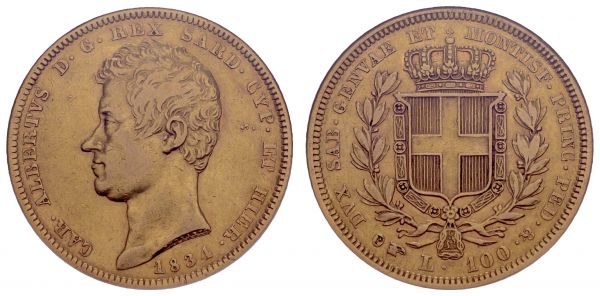 ab 1800 Italien-Sardinien Carlo Alberto, 1831-1849 100 Lire 1834 Turin im Slab von PCGS XF40  KM 133.1