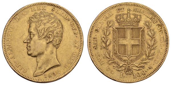 ab 1800 Italien-Sardinien Carlo Alberto, 1831-1849 100 Lire 1836 Anker kl. Rs., Auflage nur 703 Exemplare  KM 133.2 32.20 g. R ss