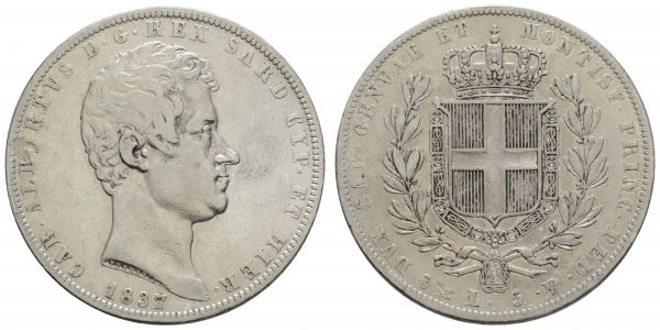 ab 1800 Italien-Sardinien Carlo Alberto, 1831-1849 5 Lire 1837 Schrötlingsfehler  Mont. 117 Pagani 241 ss