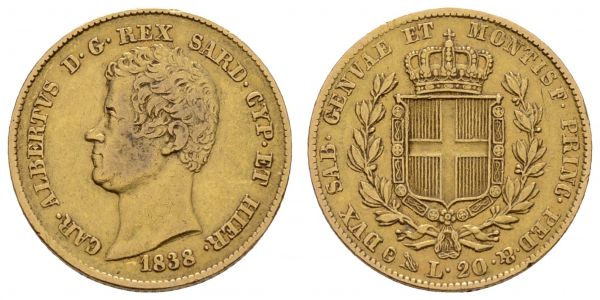 ab 1800 Italien-Sardinien Carlo Alberto, 1831-1849 20 Lire 1838 Genua  Fried. 1142 Mont. 57 Pagani 187 Schlum. 249 6.40 g. seltener Jahrgang ss