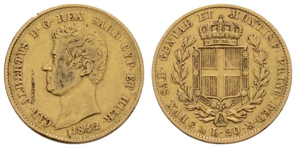 ab 1800 Italien-Sardinien Carlo Alberto, 1831-1849 20 Lire 1842 Genua  Fried. 1142 Mont. 65 Pagani 195 Schlum. 232 6.37 g. ss