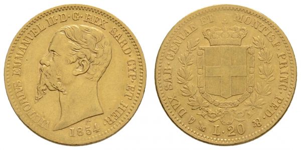 ab 1800 Italien-Sardinien Victor Emanuel II., 1849-1861 20 Lire 1854 Genua  Fried. 1147 Mont. 11 Pagani 345 6.39 g. ss-vz