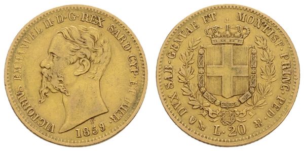 ab 1800 Italien-Sardinien Victor Emanuel II., 1849-1861 20 Lire 1859 Genua  Fried. 1147 Mont. 23 Pagani 354 6.39 g. ss