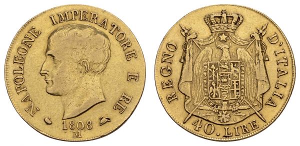 ab 1800 Italien Königreich, Napoléon I. 1804-1815 40 Lire 1808 M erhabene Randschrift  KM 12 12.82 g. ss