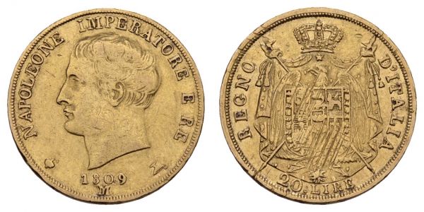 ab 1800 Italien Königreich, Napoléon I. 1804-1815 20 Lire 1809 Mailand justiert  Fried. 7 Schlum. 15 Gig. 85 Pagani 19 6.38 g. ss