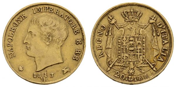 ab 1800 Italien Königreich, Napoléon I., 1804-1815 20 Lire 1813 Mailand Jahreszahl vermutlich im Stempel umgeschnitten  Fried. 7 Schlum. 12 Pagani 23 Monte. 212 6.39 g. ss-vz