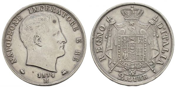 ab 1800 Italien Königreich, Napoléon I., 1804-1815 2 Lire 1814 Mailand  Monte. 250 KM 10.4 Pagani 40 a 9.92 g. seltener Jahrgang ss-vz