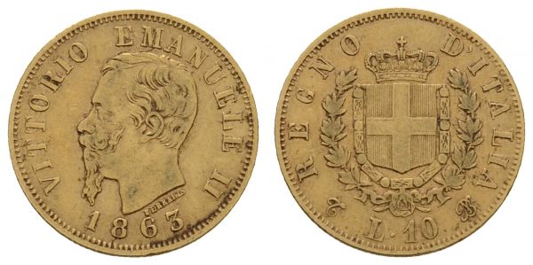 ab 1800 Italien Victor Emanuel II., 1861-1878 10 Lire 1863 Turin  KM 9.2 Fried. 15 Pagani 477 Schlum. 49 3.21 g. ss