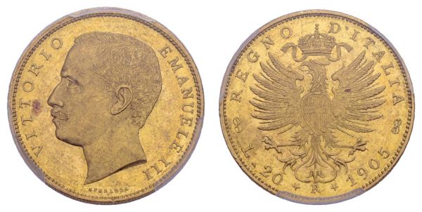 ab 1800 Italien Victor Emanuel III. 1900-1946 20 Lire 1905 R Auflage nur 8715 Exemplare, im Slab von PCGS MS62  KM 37.1 Fried. 24 Pagani 664 R