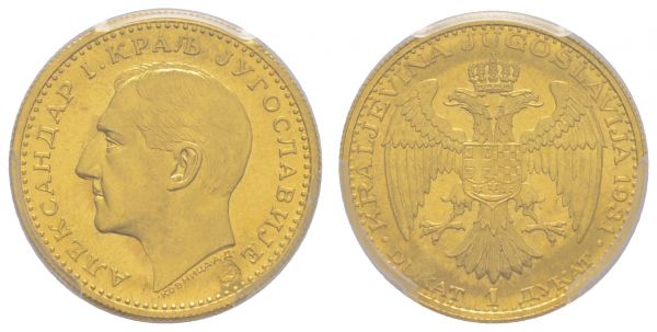 ab 1800 Jugoslawien Alexander I., 1921-1934 Dukat 1931 Belgrad mit Gegenstempel Schwert für Bosnien, im PCGS-Slab MS 64  Fried. 5 Schlum. 5 selten in dieser Erhaltung vz-st