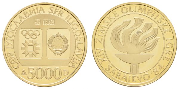 ab 1800 Jugoslawien Sozialistische Föderative Republik 1963-1992 5.000 Dinara 1984 Olympiade Sarajevo, gekapselt  KM 111 PP/Proof