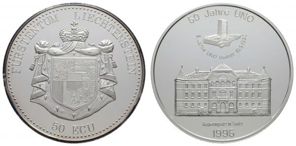 ab 1800 Liechtenstein Hans Adam II., seit 1990 50 Ecu 1995 50 Jahre UNO, 5 oz Silber, Originalkapsel  selten PP