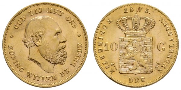 ab 1800 Niederlande Wilhelm III., 1849-1890 10 Gulden 1875 Utrecht Einjahrestyp  Fried. 342 Schlum. 151 Schulman 549 KM 105 vz+