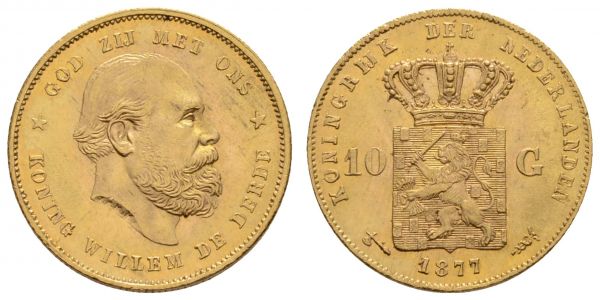 ab 1800 Niederlande Wilhelm III., 1849-1890 10 Gulden 1877 Utrecht  Fried. 342 Schlum. 155 Schulman 552 KM 106 vz