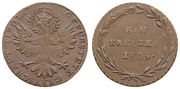 ab 1800 Österreich Tiroler Volksaufstand unter Andreas Hofer, 1809-1810 1 Kreuzer 1809 Hall Av.: gekrönter Tiroler Adler mit Lorbeerkranz, GEFÜRSTETE GRAFSCHAFT TIROL., Rv.: EIN / KREUZER / 1809 · im Lorbeer-/ Palmkranz, Typ AA / aa, Laubrand, fast prägefrisches Prachtexemplar, mit Begleitblatt  Herinek 1077 4.69 g. sehr selten in dieser Erhaltung vz+