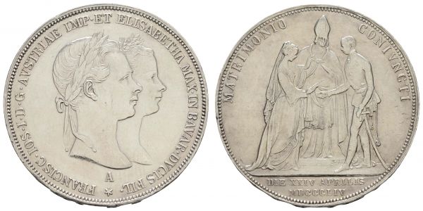 ab 1800 Österreich Franz Joseph, 1848-1916 Gulden 1854 Wien auf die Hochzeit des Kaisers mit Elisabeth Herzogin in Bayern, kl. Rf., min. berieben  Frühwald 1908 J. 299 Herinek 823 25.94 g. ss-vz