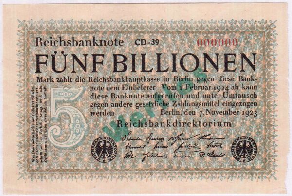 5 Bio. Mark 7.11.1923. Kn. 000000, Aufdruck in grün 
