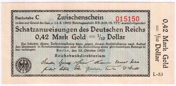 0,42 Mark Gold 23.10.1923. Kn. 6-stellig, Serie L-53. I