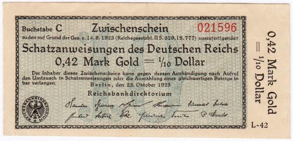 0,42 Mark Gold 23.10.1923. Kn. 6-stellig, Serie L-42. II