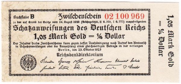 1,05 Mark Gold 23.10.1923. Kn. 8-stellig, ohne Fz. I