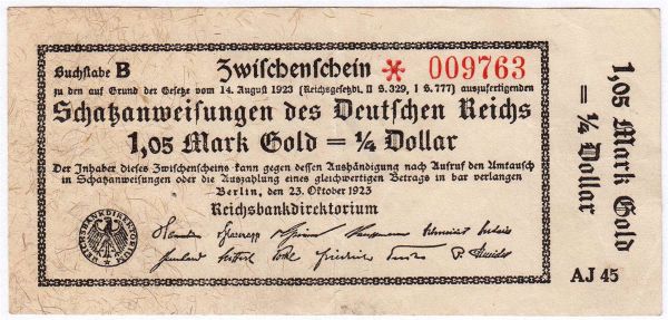 1,05 Mark Gold 23.10.1923. Kn. 6-stellig, Fz. AJ. Rs. Z. II-III