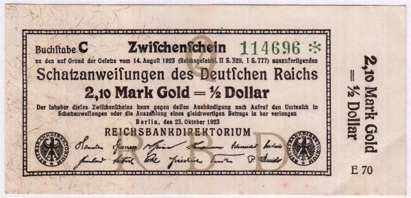 2,10 Mark Gold 23.10.1923. Kn. 6-stellig, Serie Q/E70. II