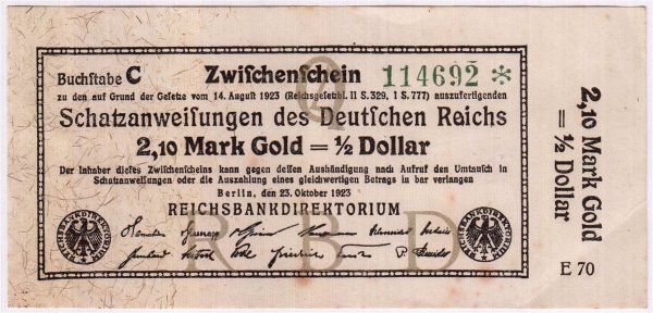 2,10 Mark Gold 23.11.1923. Kn. 6-stellig, Serie Q/E70. II